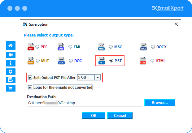Select the output type as PST