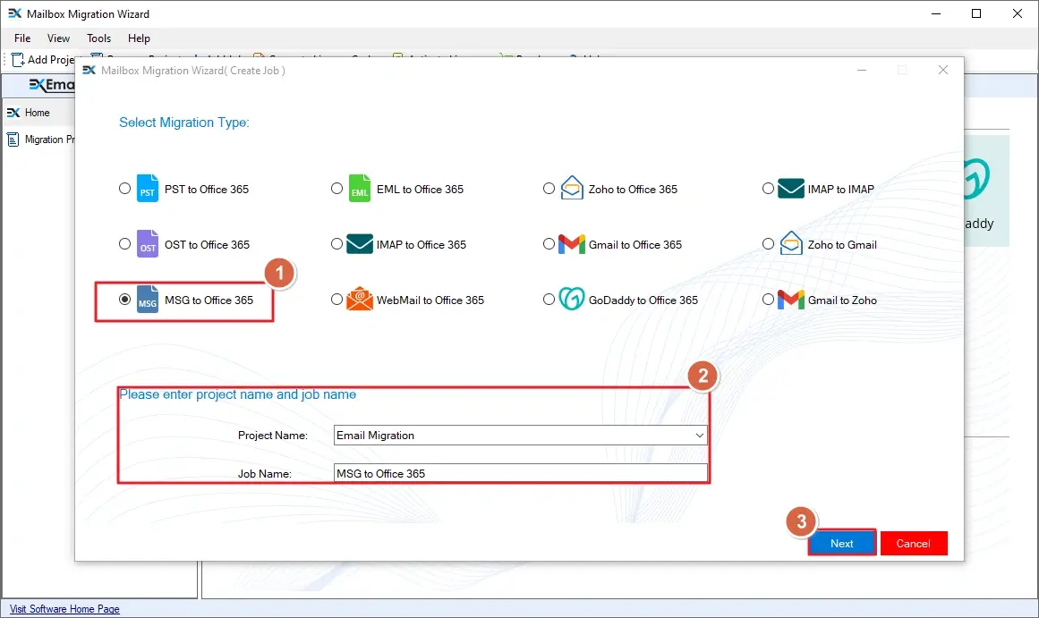 Select Migration Type MSG to Office 365