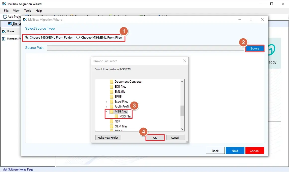 Select the folder that contains MSG files
