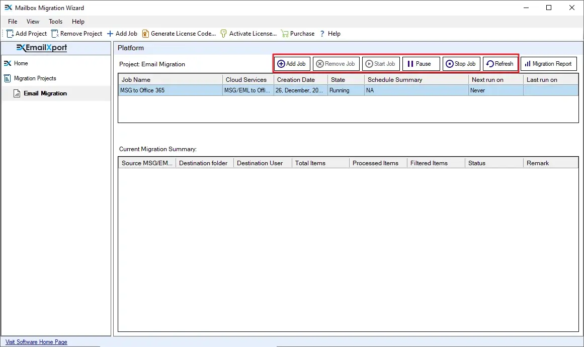 The software allows you different options to control the migration