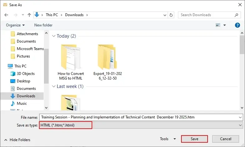 select html as save type and click to save