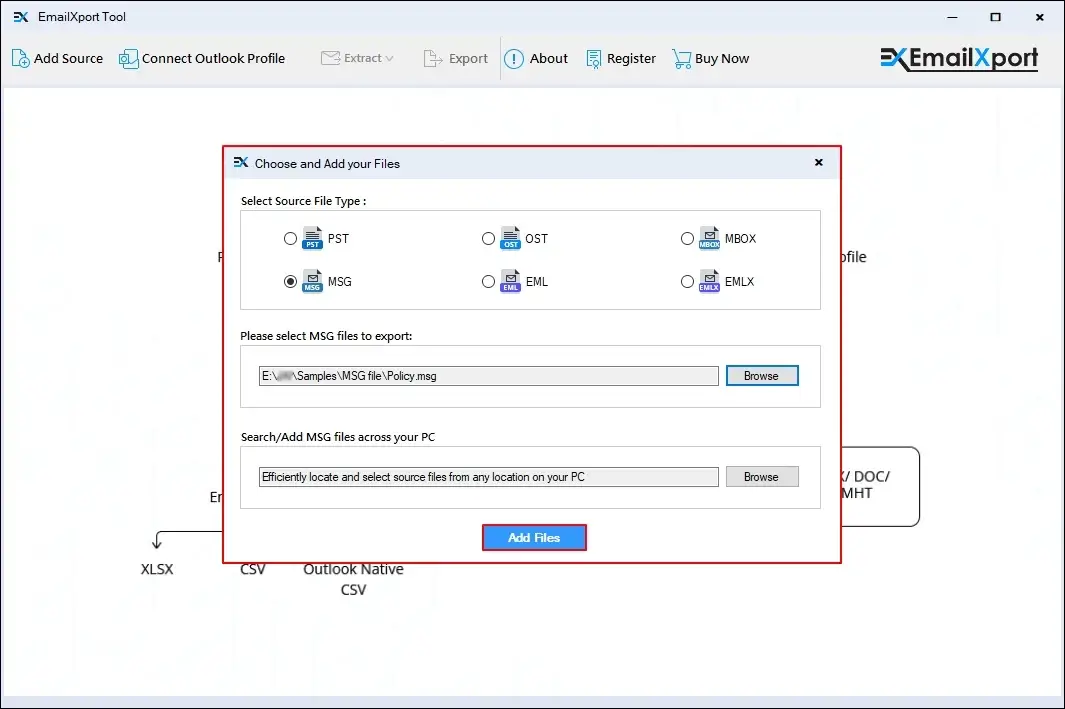 click on Search or Add MSG files across your PC