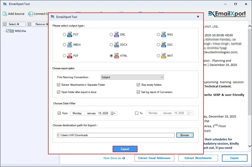 software start MSG to HTML conversion