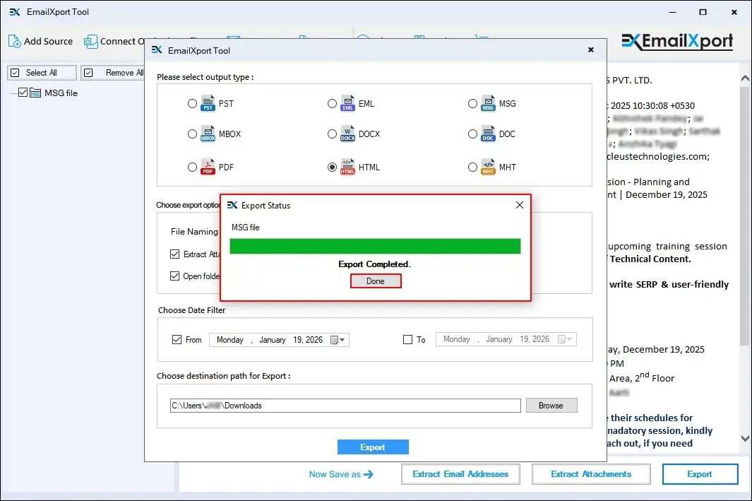 Export MSG to HTML Completed