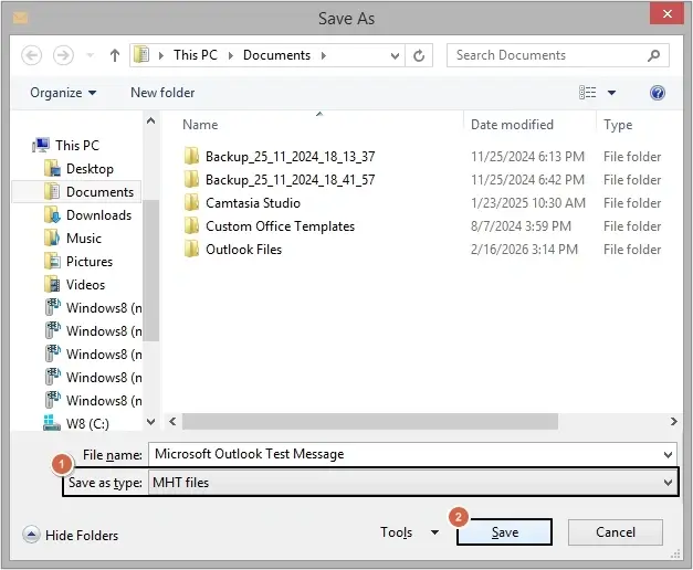 Select MHT Files as Save as type