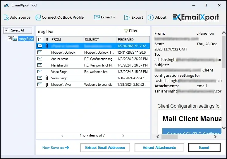 Preview added MSG file data then click Export option