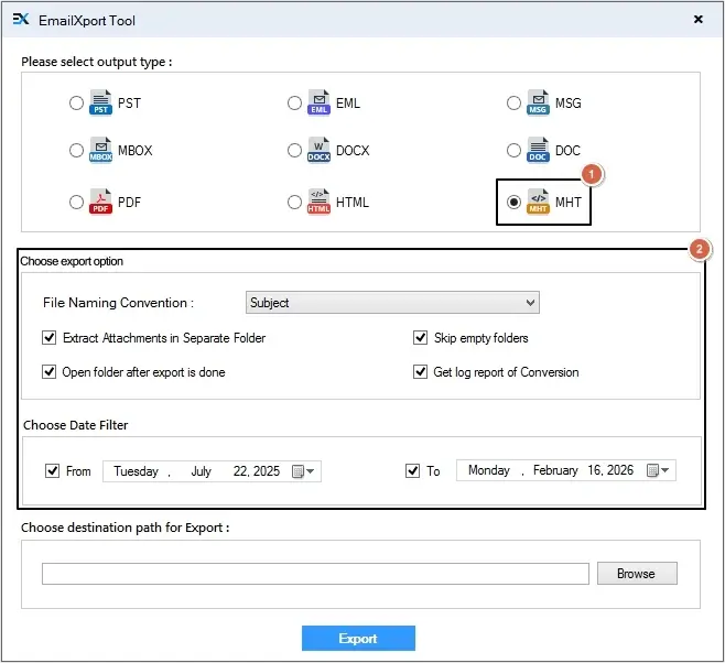 Select MHT as output type
