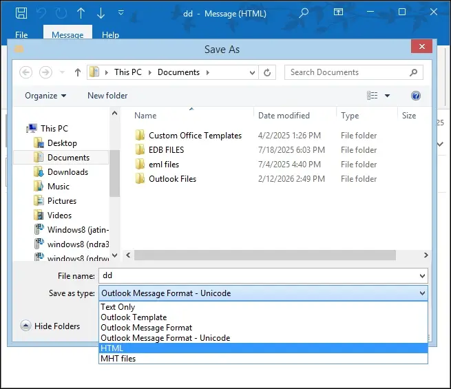 Select html as the saving format