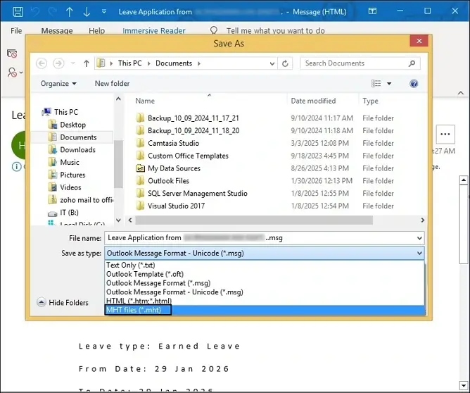 Choose MHT as output format