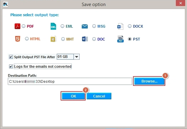 Select saving option like PST, PDF, EML etc.