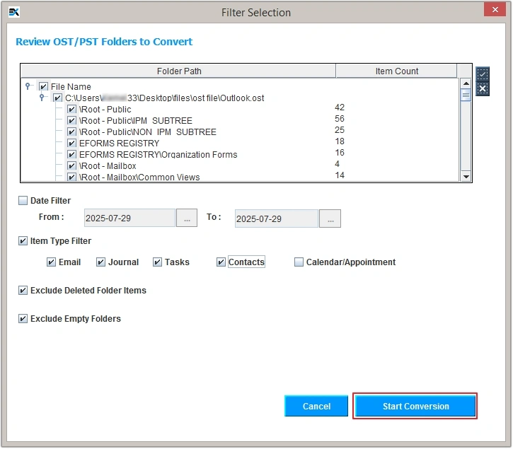 select data items from OST folder for conversion
