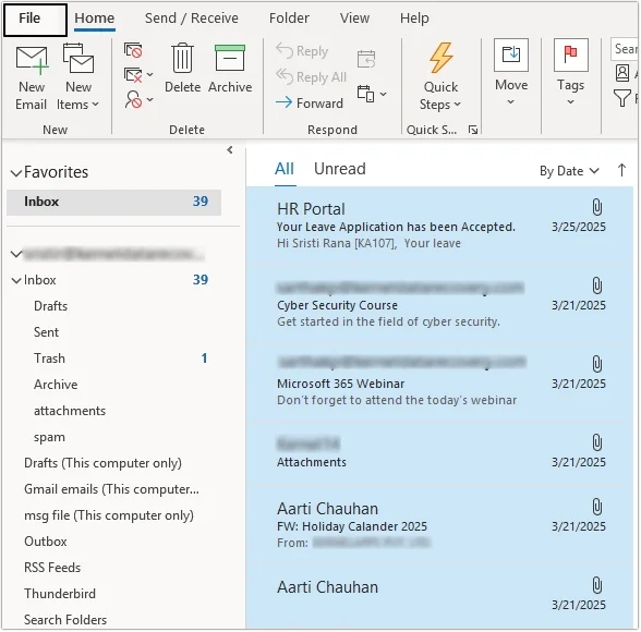 Open Outlook and select all emails to convert pst to DOC