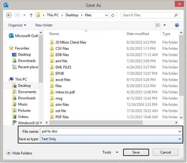 Provide file name and select Text Only