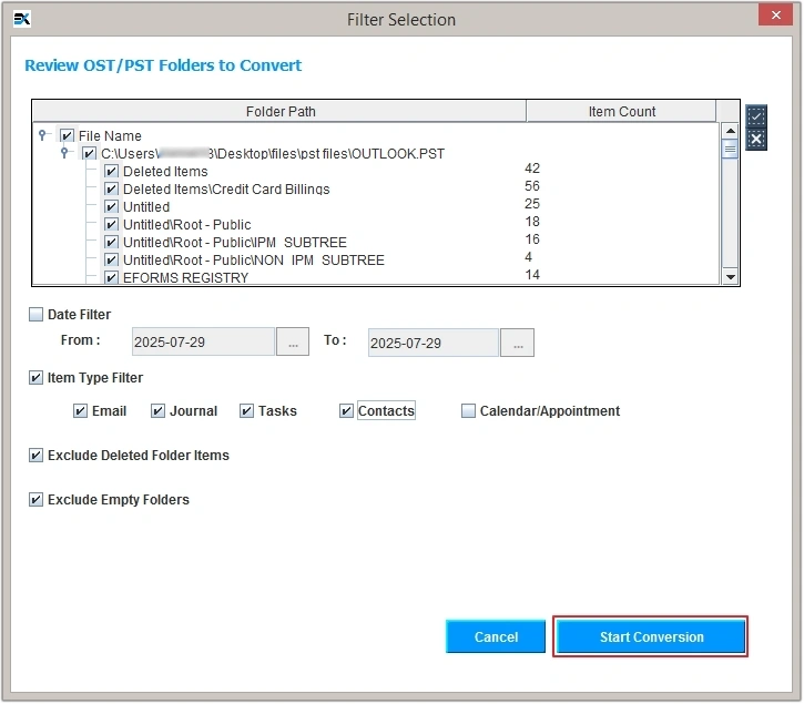 apply filters and start pst to eml conversion