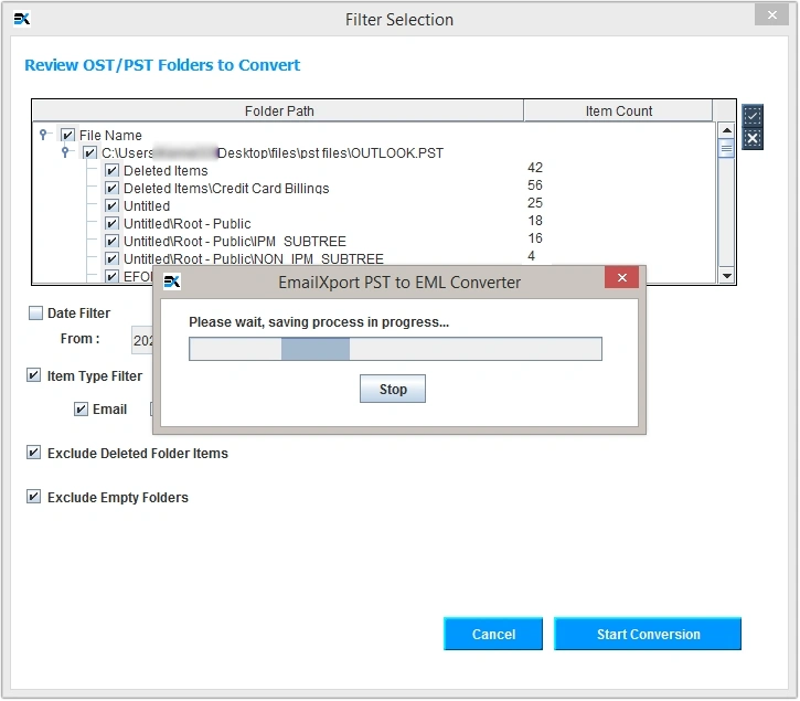 pst to eml conversion in progress