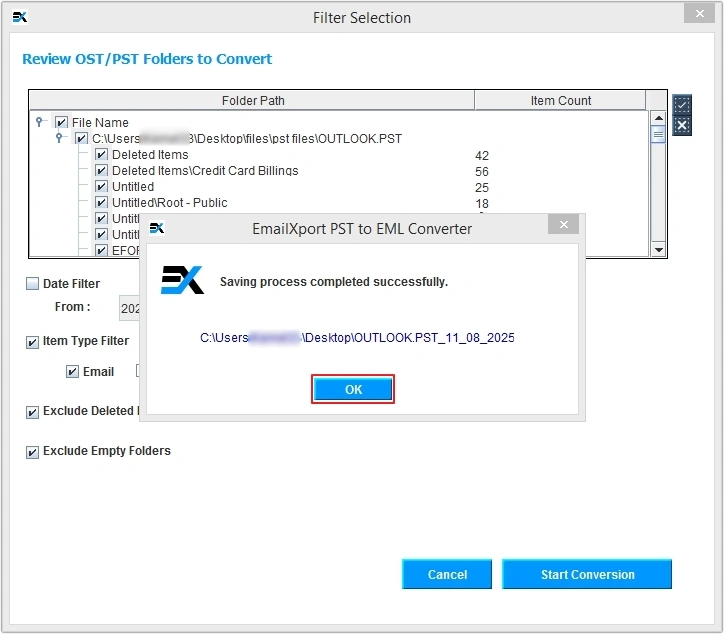 pst to eml conversion completed