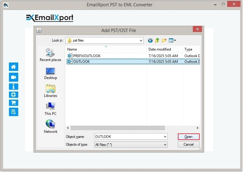 select pst file to convert pst to eml