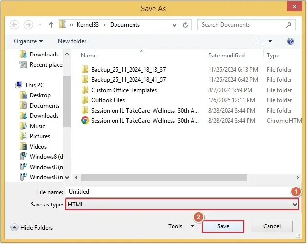Select HTML as a save type option