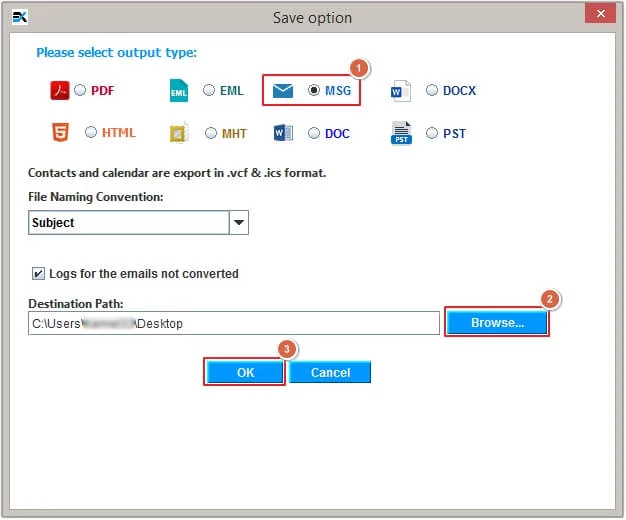 Select MSG as a Saving option