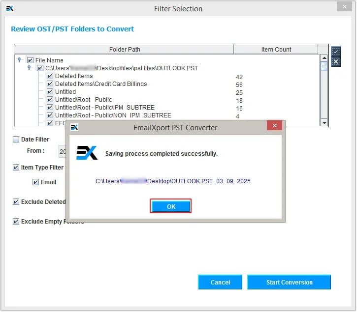 PST to MSG conversion is completed