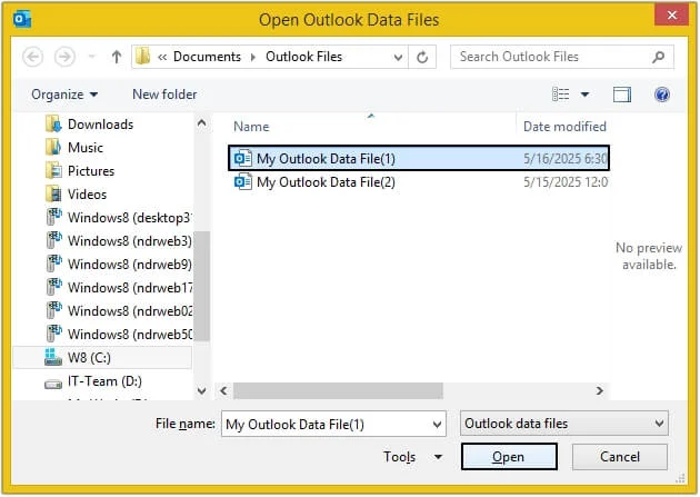 Choose the PST file and click Open