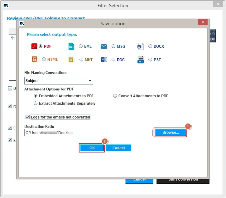 select destination to save pst as pdf