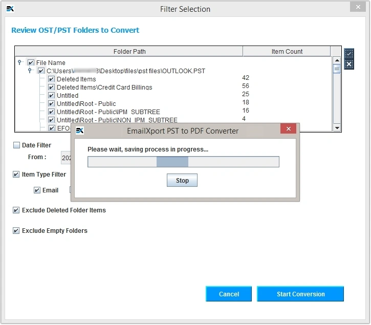 pst to pdf conversion in progress
