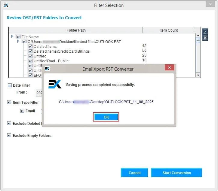 pst file conversion completed