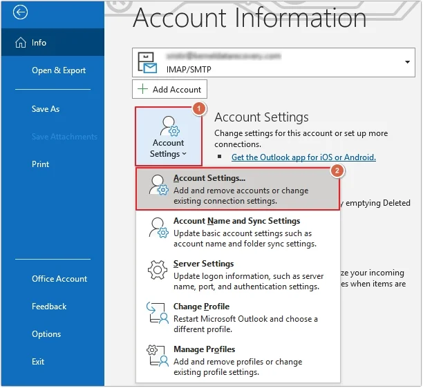 Launch Outlook and click on Account Setting