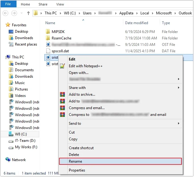 OST file location and click on Rename