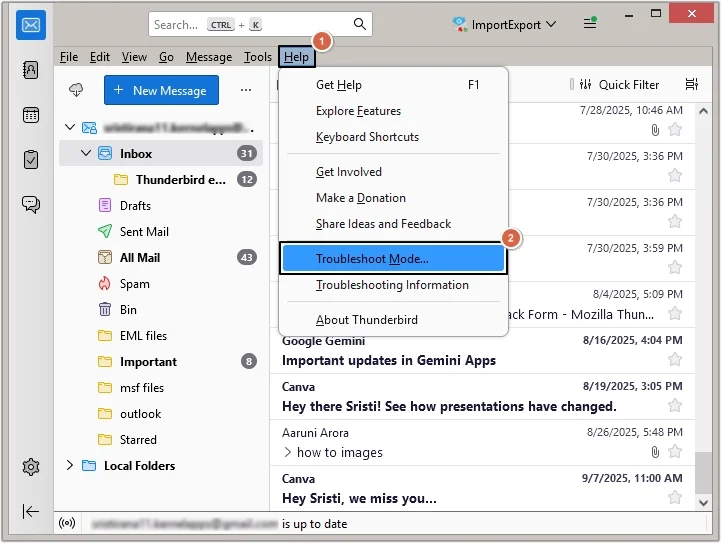 Launch Thunderbird and click on the help