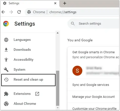 click on the Reset and clean up option in Chrome