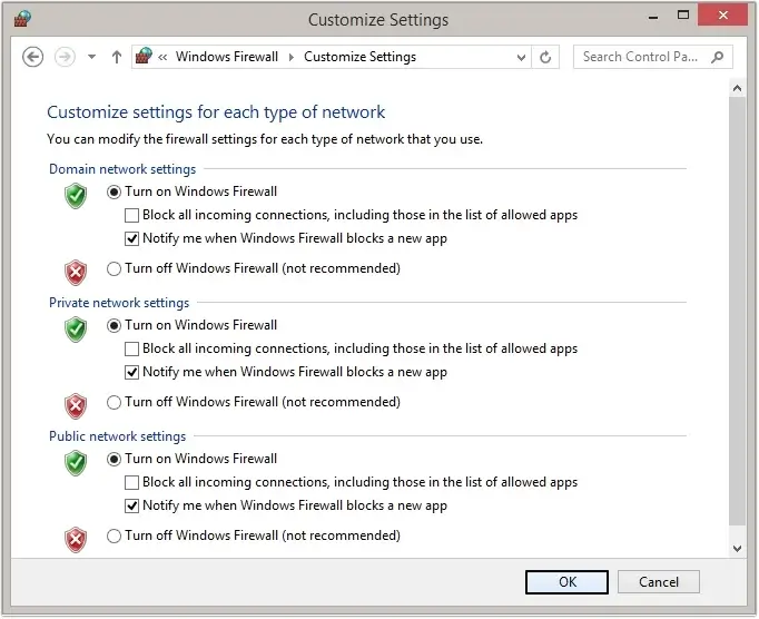 Select Turn off Windows Firewall option