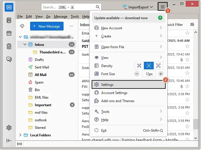 click on the Settings option in Thunderbird