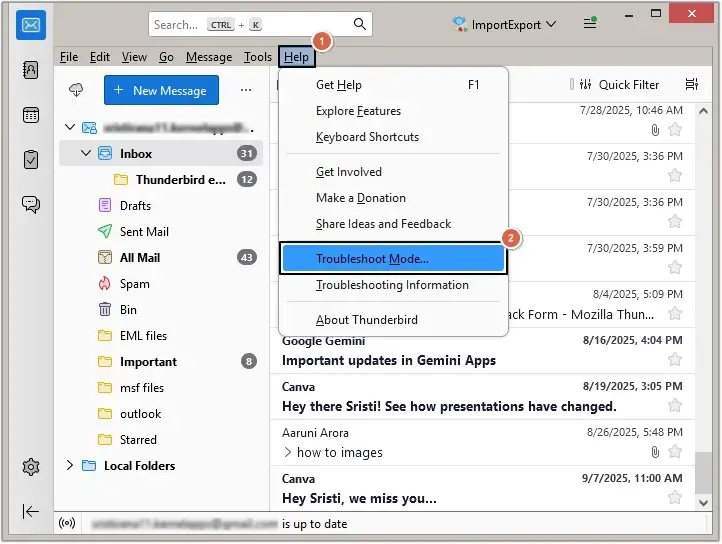 tap on Troubleshoot Mode in thunderbird